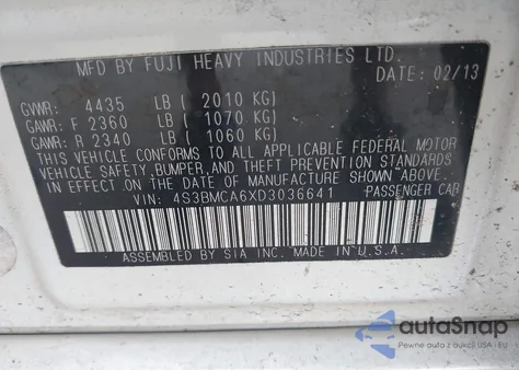 2013 Subaru Legacy 2.5I from USA, damaged, VIN 4S3BMCA6XD3036641